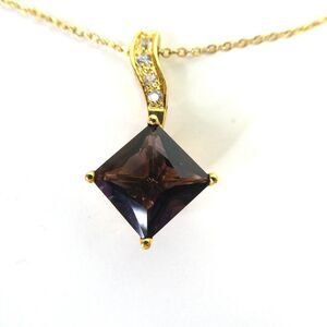 Purple Square Faceted Rhinestone Gold Tone Pendant on Chain Necklace Mod Retro